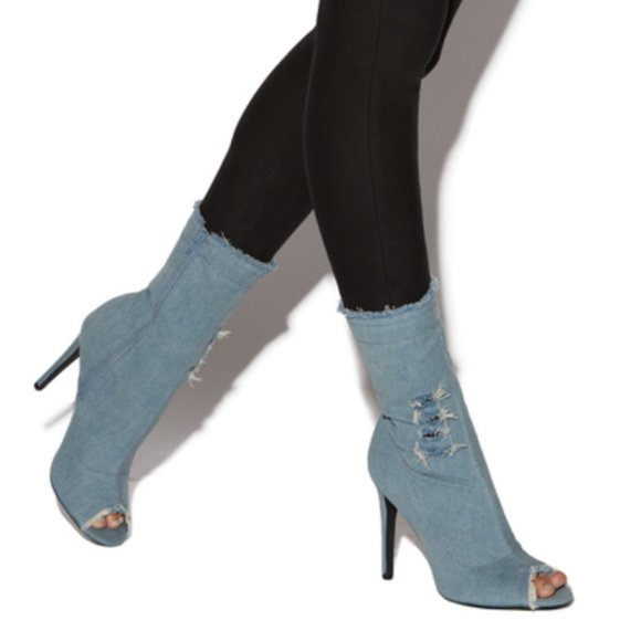 Distressed Denim Heeled Ankle Bootie - Picture 1 of 7